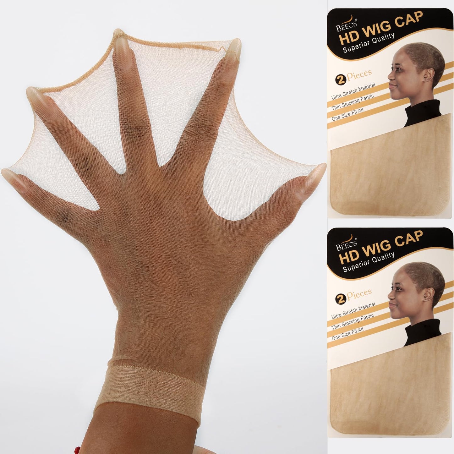 Beige wig cap on a hand with packaging in the corner