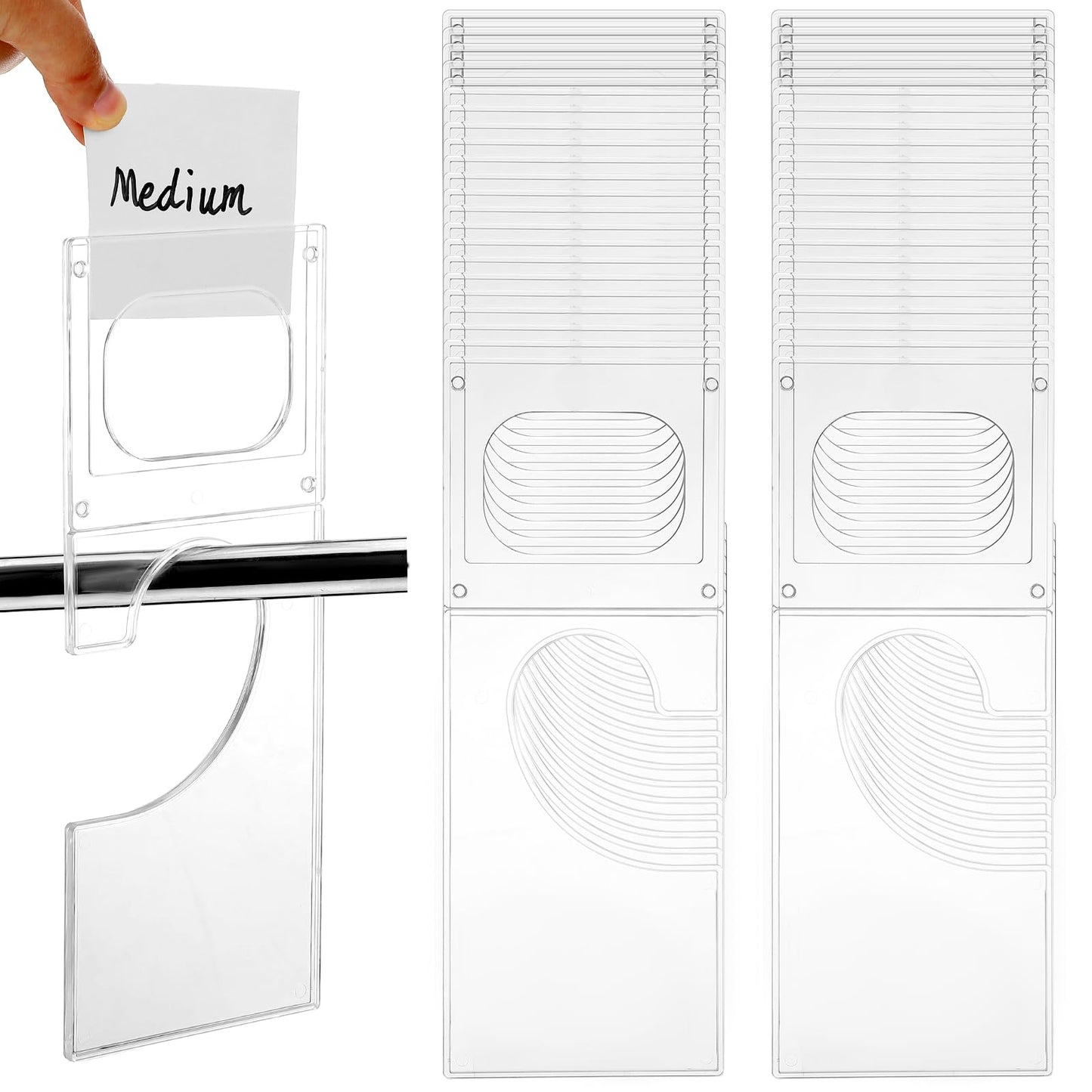 White window blinds with a hand holding a label indicating 'Medium' on a white background.