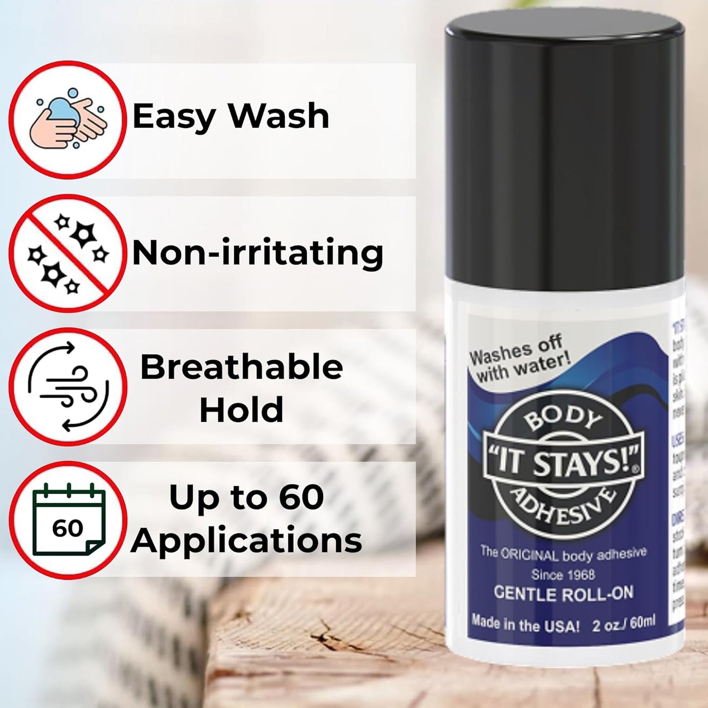 Body adhesive roll-on with features listed on a white background