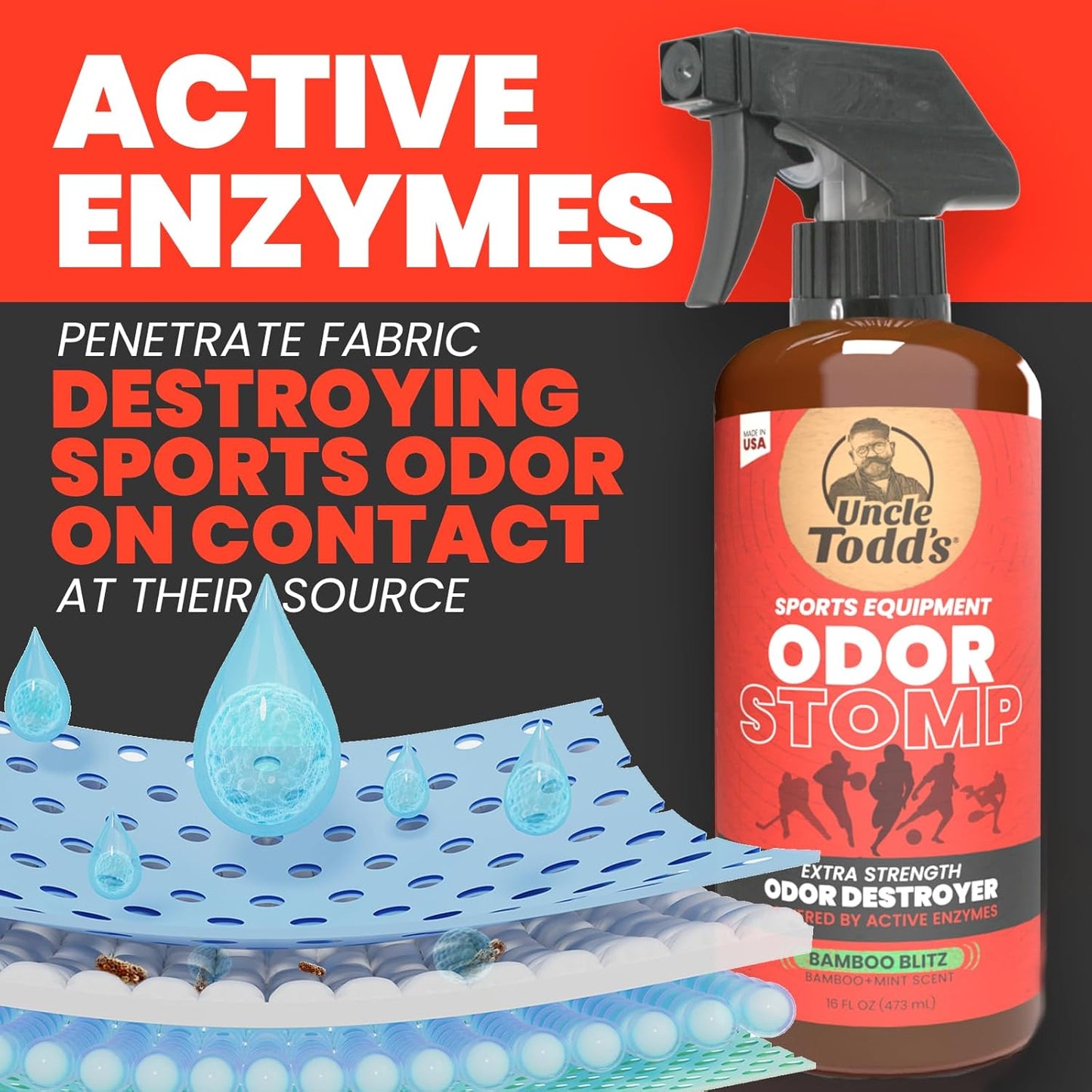 Uncle Todd's Sports Equipment Odor Stomp spray bottle with text about active enzymes and odor destruction.
