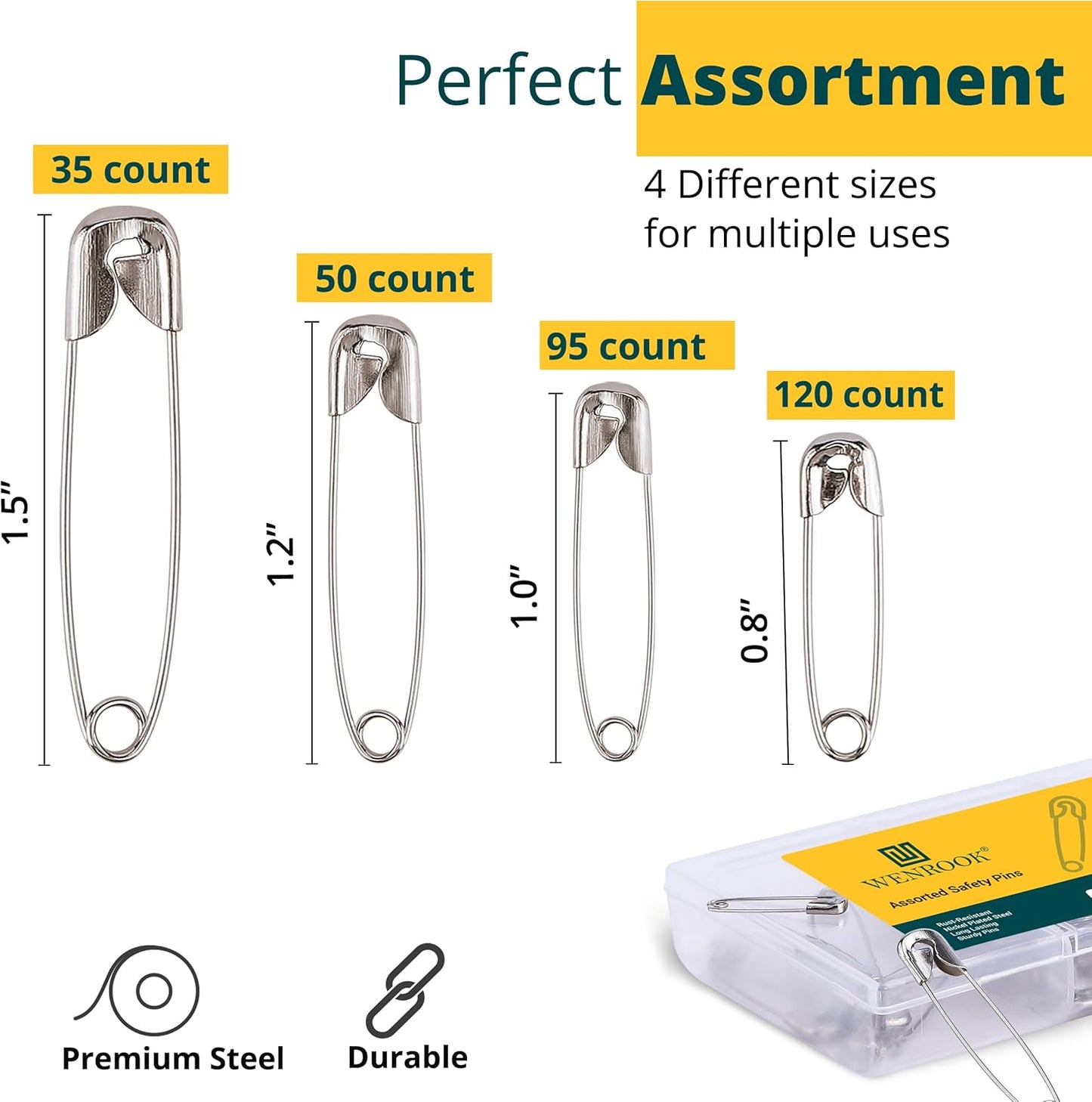 Assortment of safety pins with varying counts and sizes, displayed with Westlock branding.