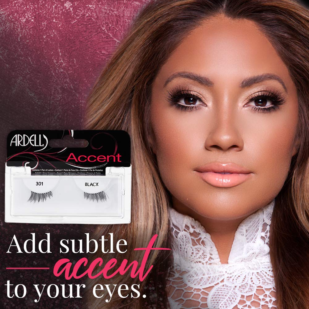 Ardell Accent false eyelashes packaging with a model wearing them, on a textured purple background.