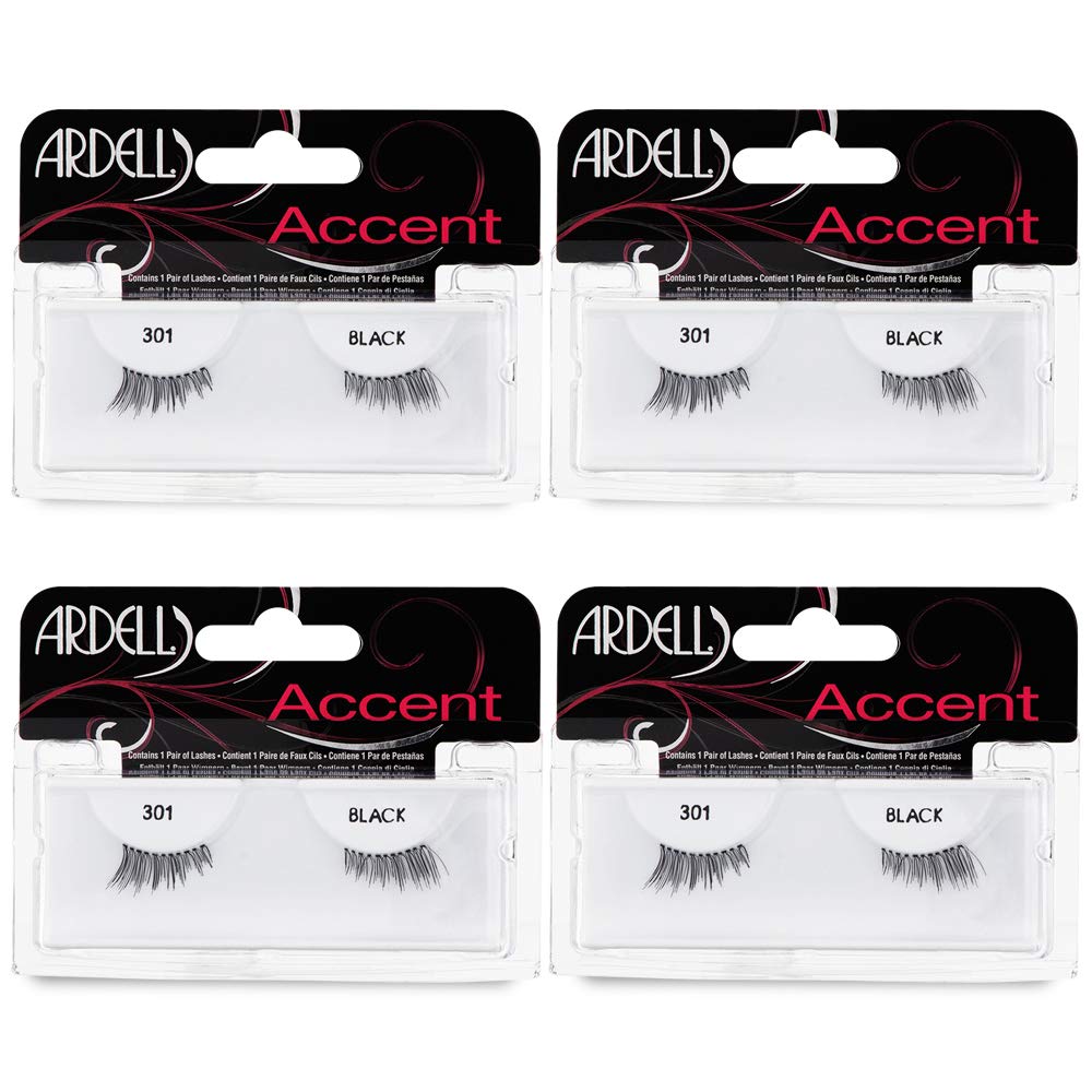 Four packages of Ardell Accent black false eyelashes on a white background