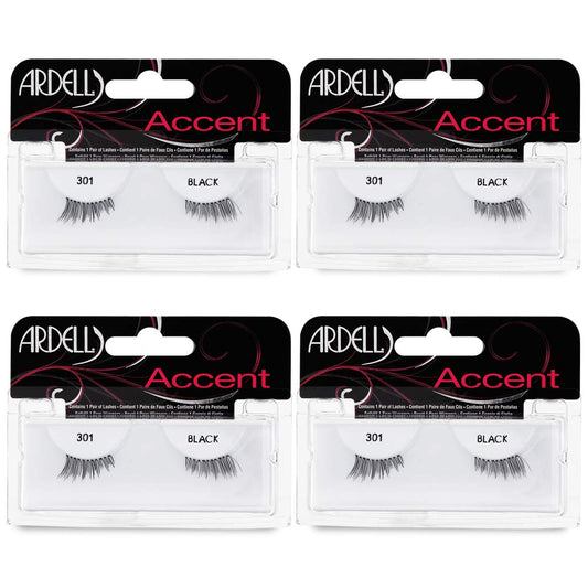 Four packages of Ardell Accent black false eyelashes on a white background