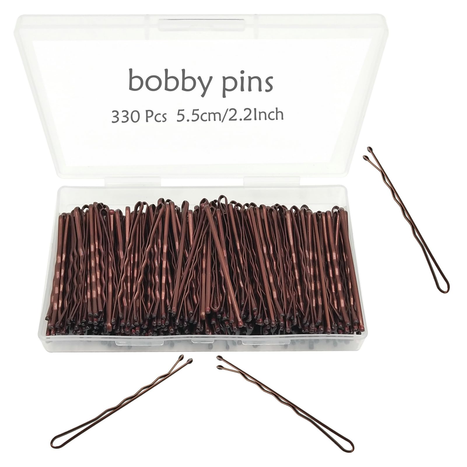 330-piece set of brown bobby pins with a clear container on a white background