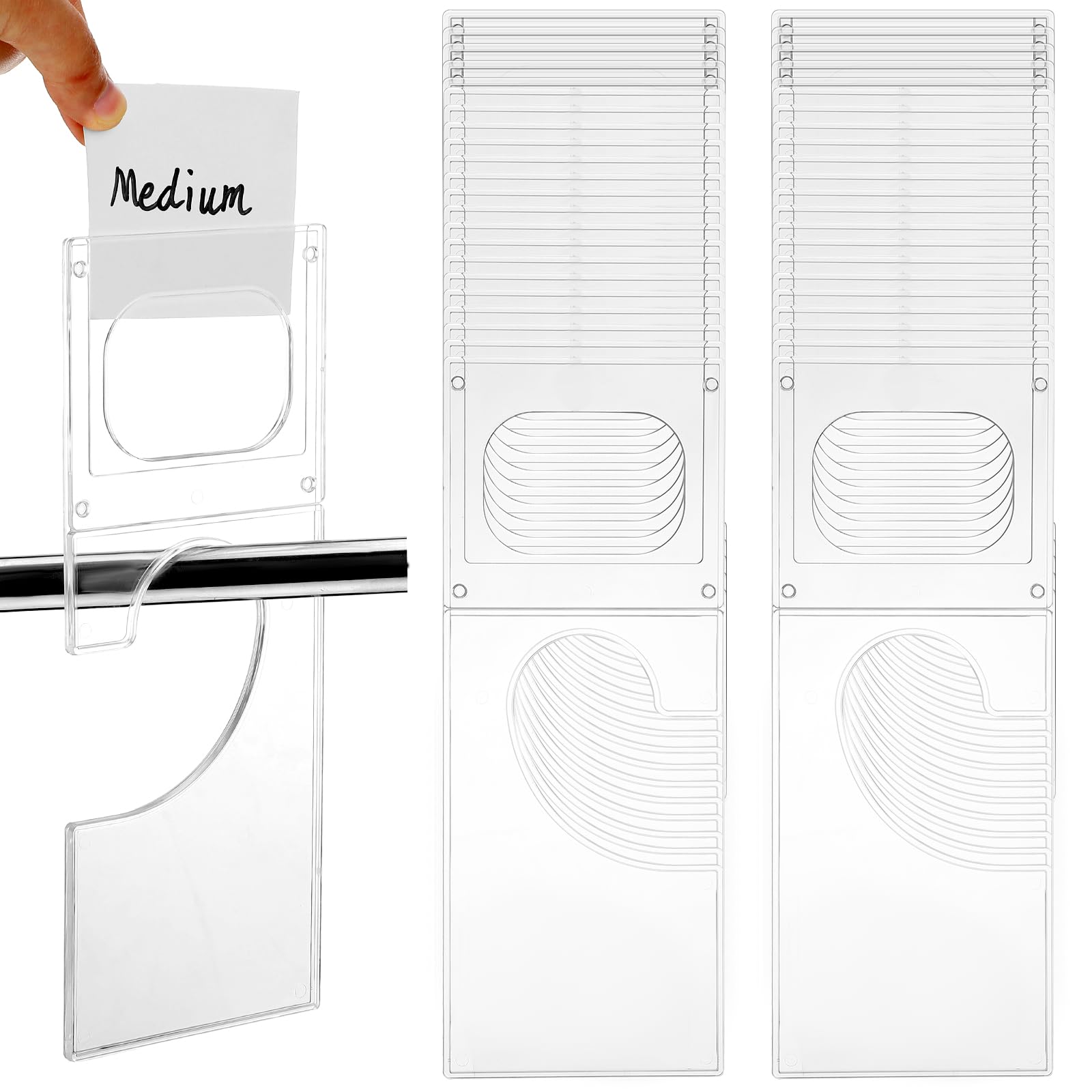 White window blinds with a hand holding a label indicating 'Medium' on a white background.