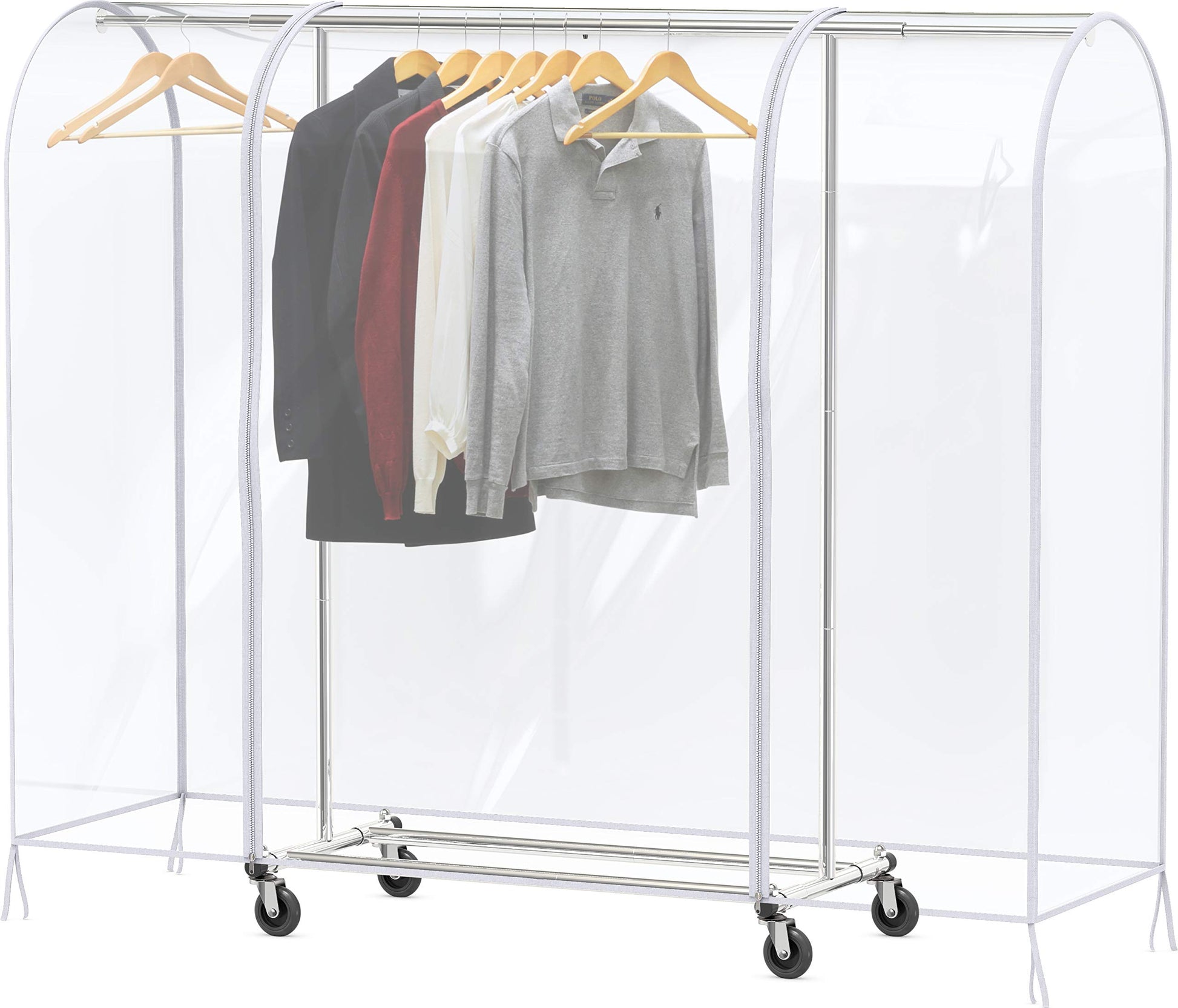 Clear garment bag with clothes on hangers on a white background