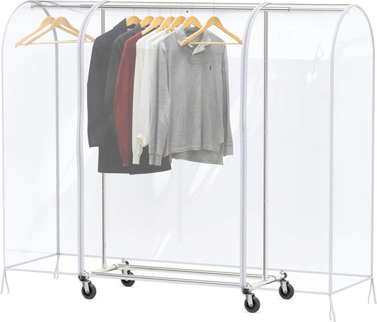 Clear garment bag with clothes on hangers on a white background