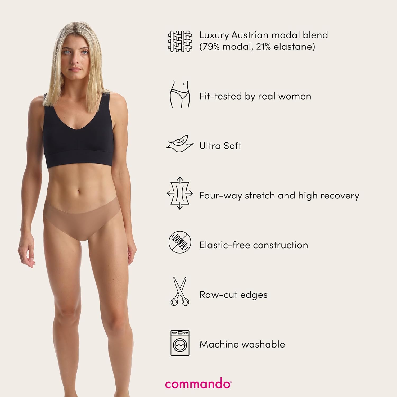Image of Model wearing product and a list from the brand describing the product.