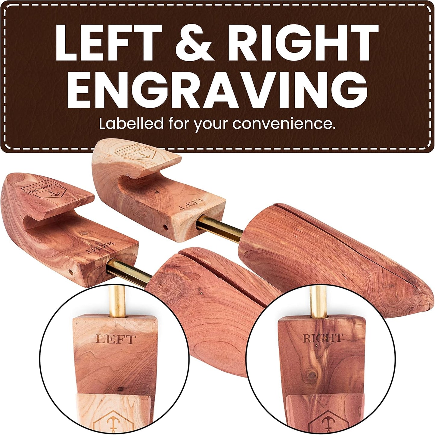 Wooden shoe trees with 'Left & Right Engraving' feature on a brown background