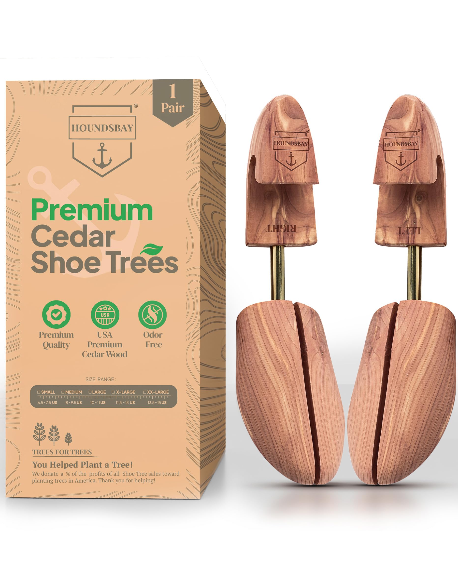 Wooden shoe trees with Houndsbay packaging on a white background