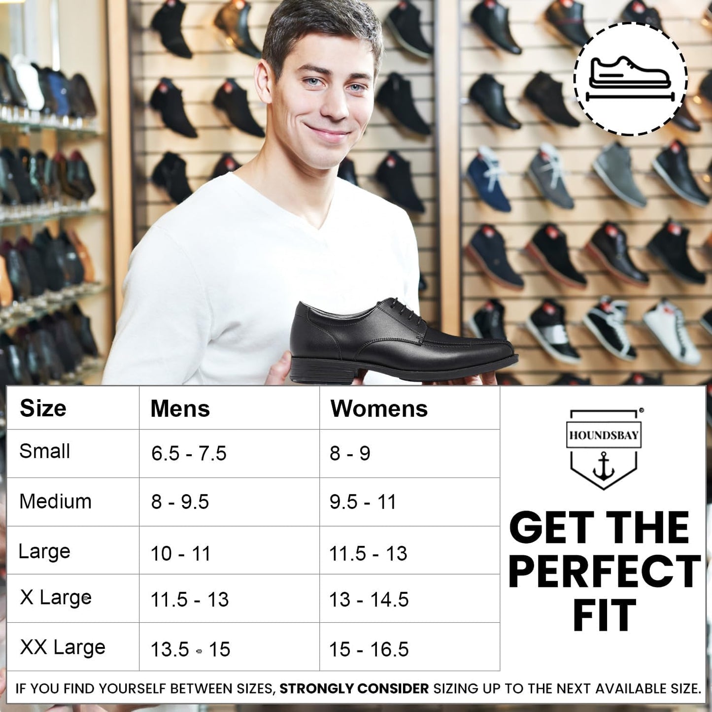 Man holding a black shoe with a size chart and Houndbay logo in the background.
