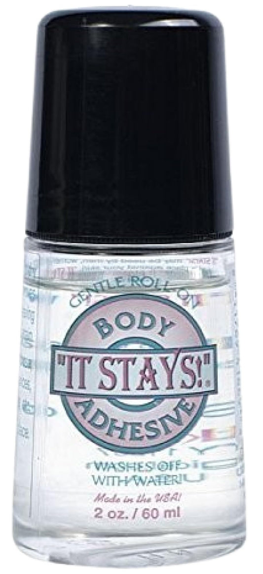 Bottle of 'It Stays' body adhesive with black cap and clear label.