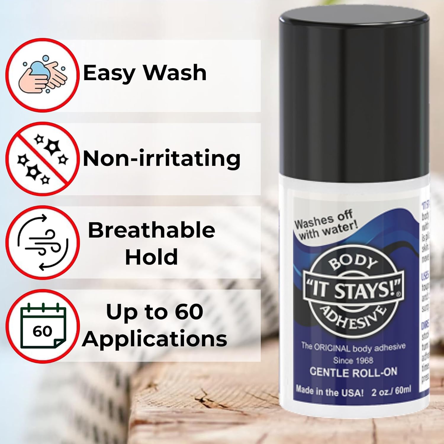 Body adhesive roll-on with features listed on a white background