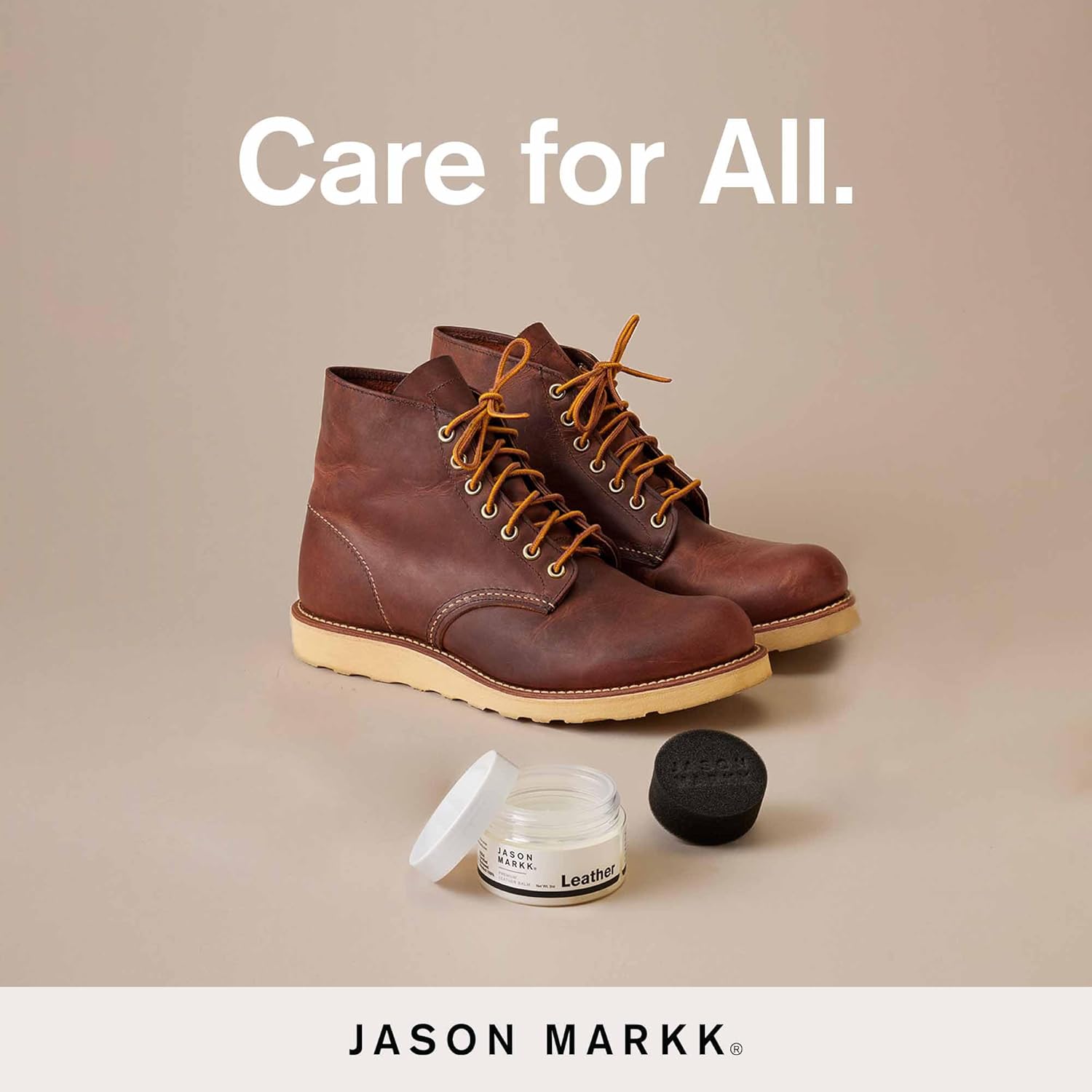 Brown leather boots with a jar of Jason Markk leather care product on a beige background.