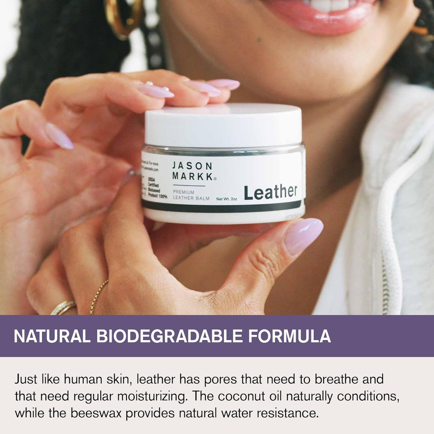 Person holding a jar of Jason Markk Leather balm with text about its natural biodegradable formula.