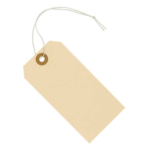 Beige paper tag with a string on a white background