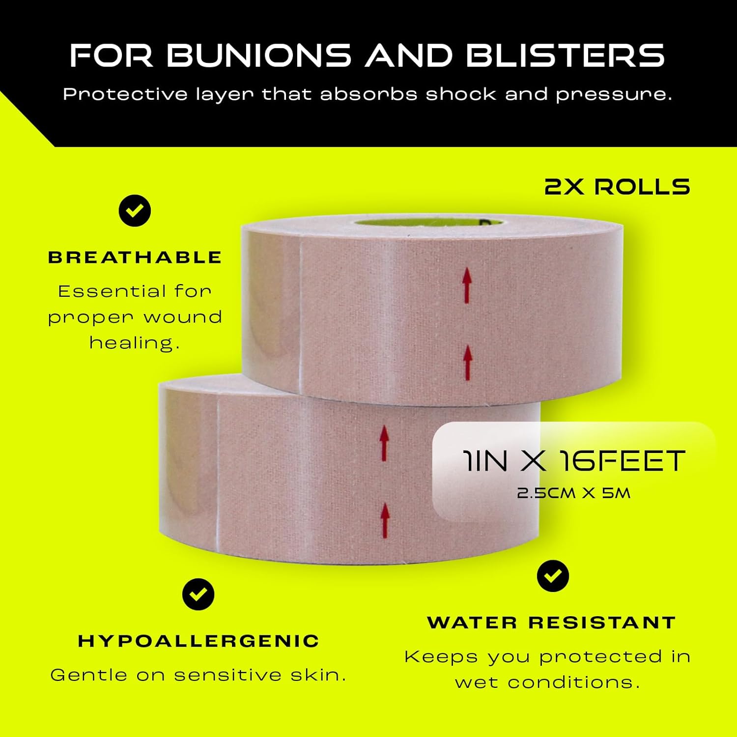 Two rolls of bandage on a bright yellow background with text highlighting features.
