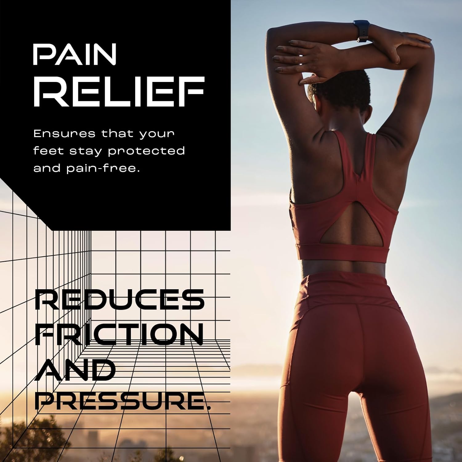 Person in red athletic wear stretching with text about pain relief and friction reduction.