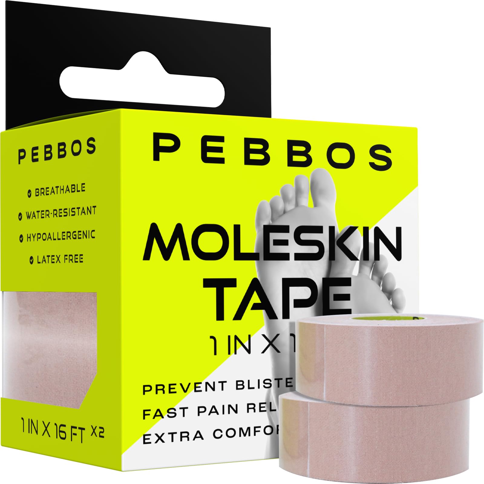 Pebbos Moleskin tape packaging with a roll of tape on a white background