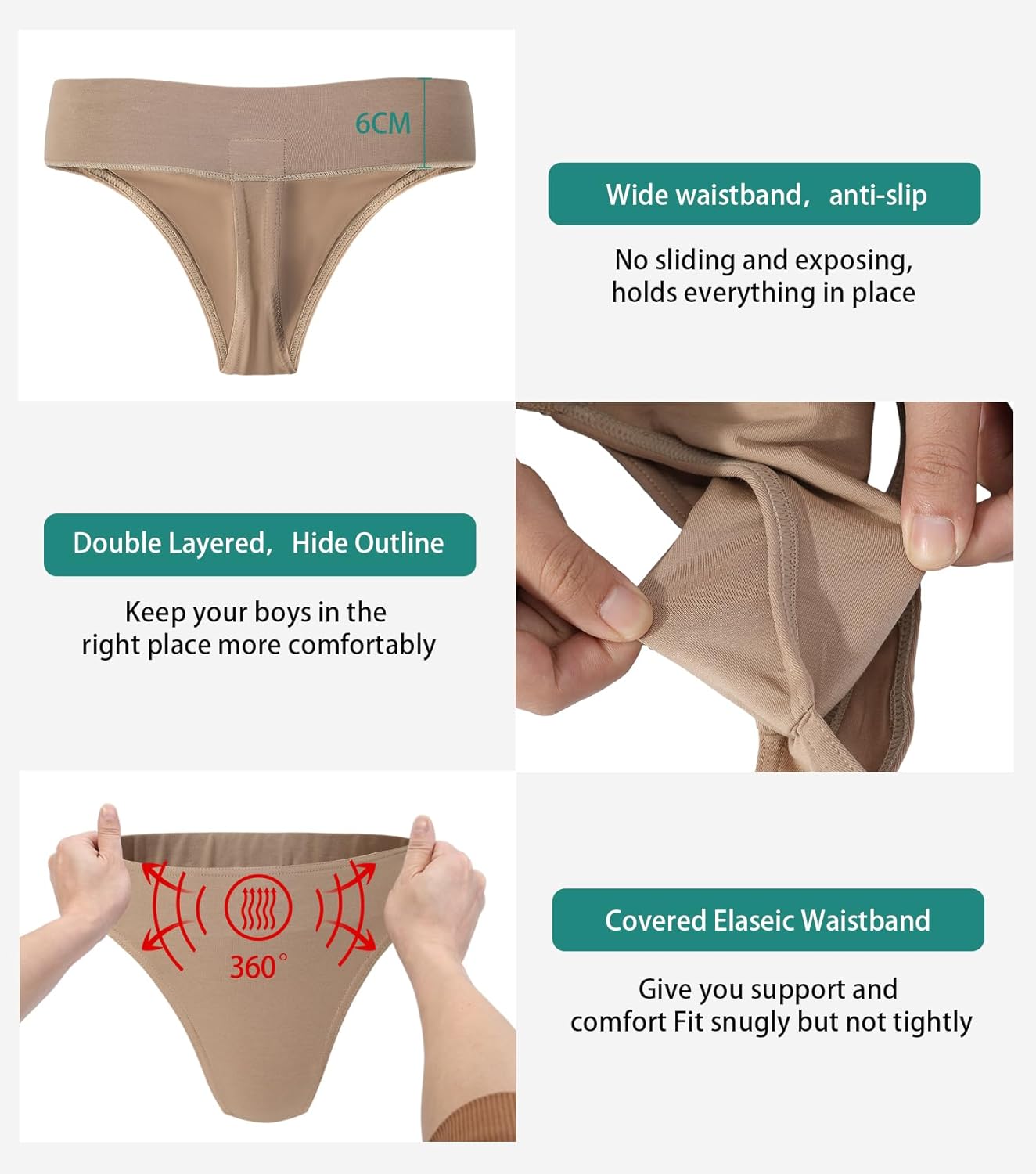 Beige underwear with text highlighting features on a white background