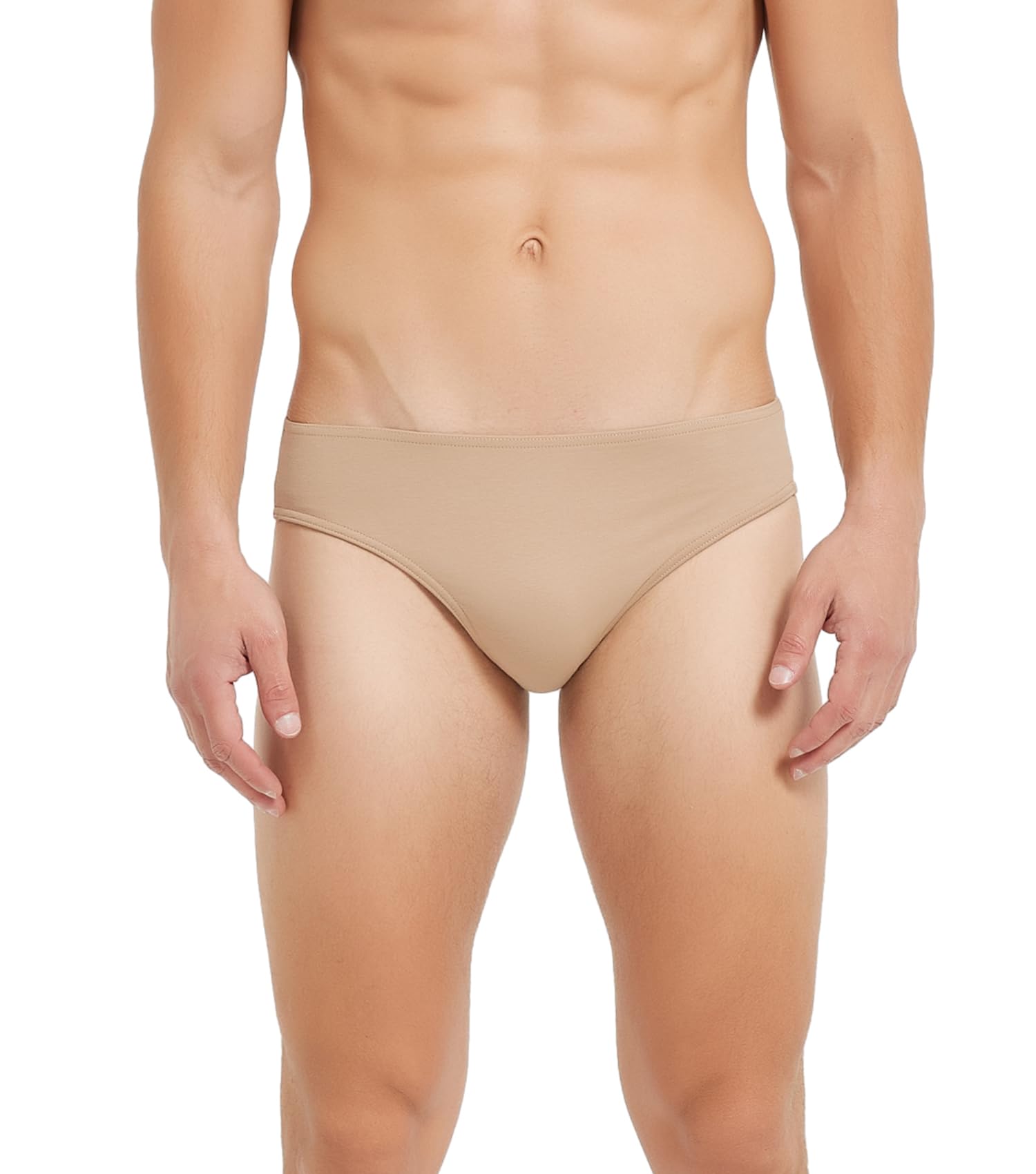 Beige underwear worn by a person on a white background