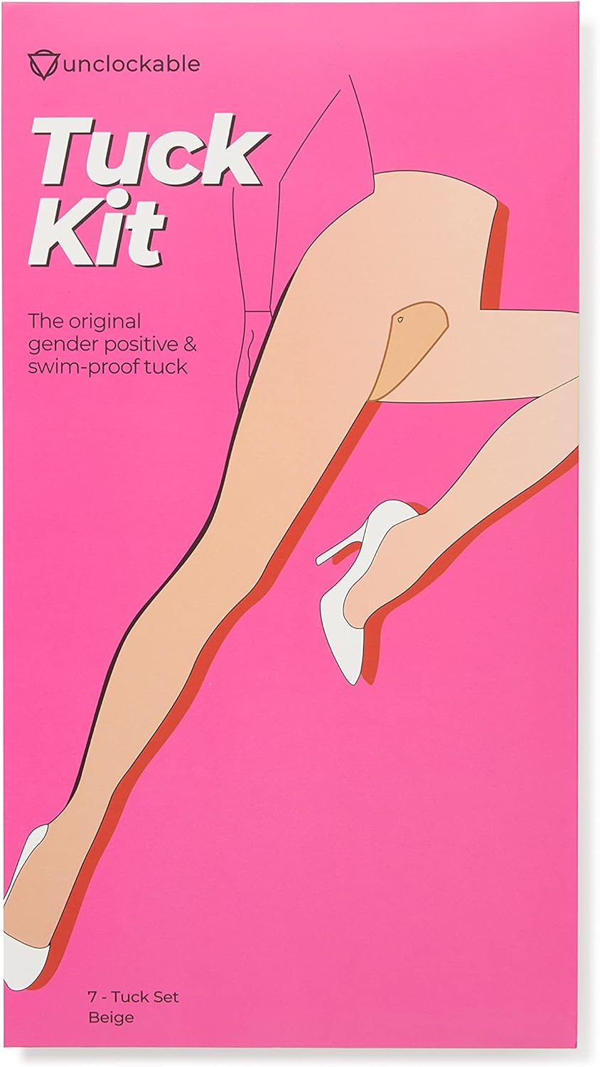 Product packaging for 'Tuck Kit' with legs illustration on a pink background