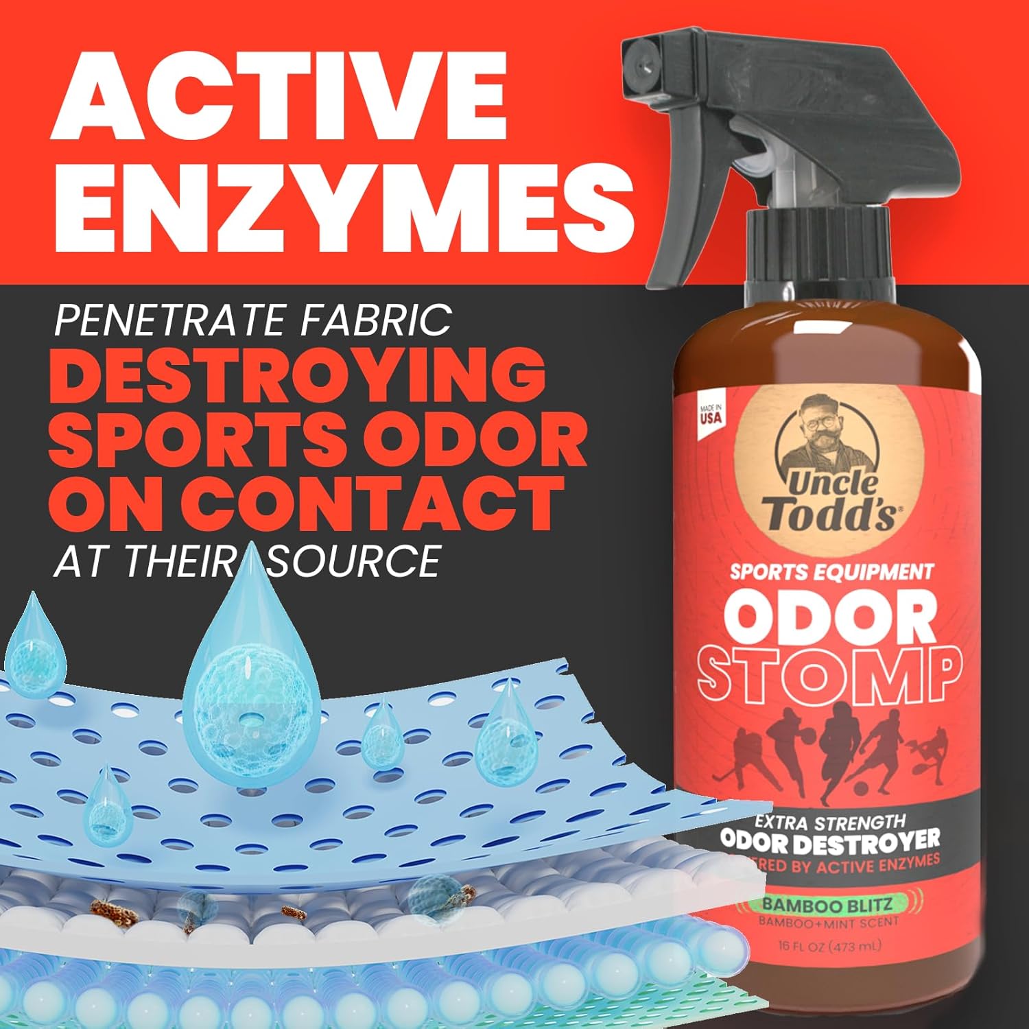 Uncle Todd's Sports Equipment Odor Stomp spray bottle with text about active enzymes and odor destruction.