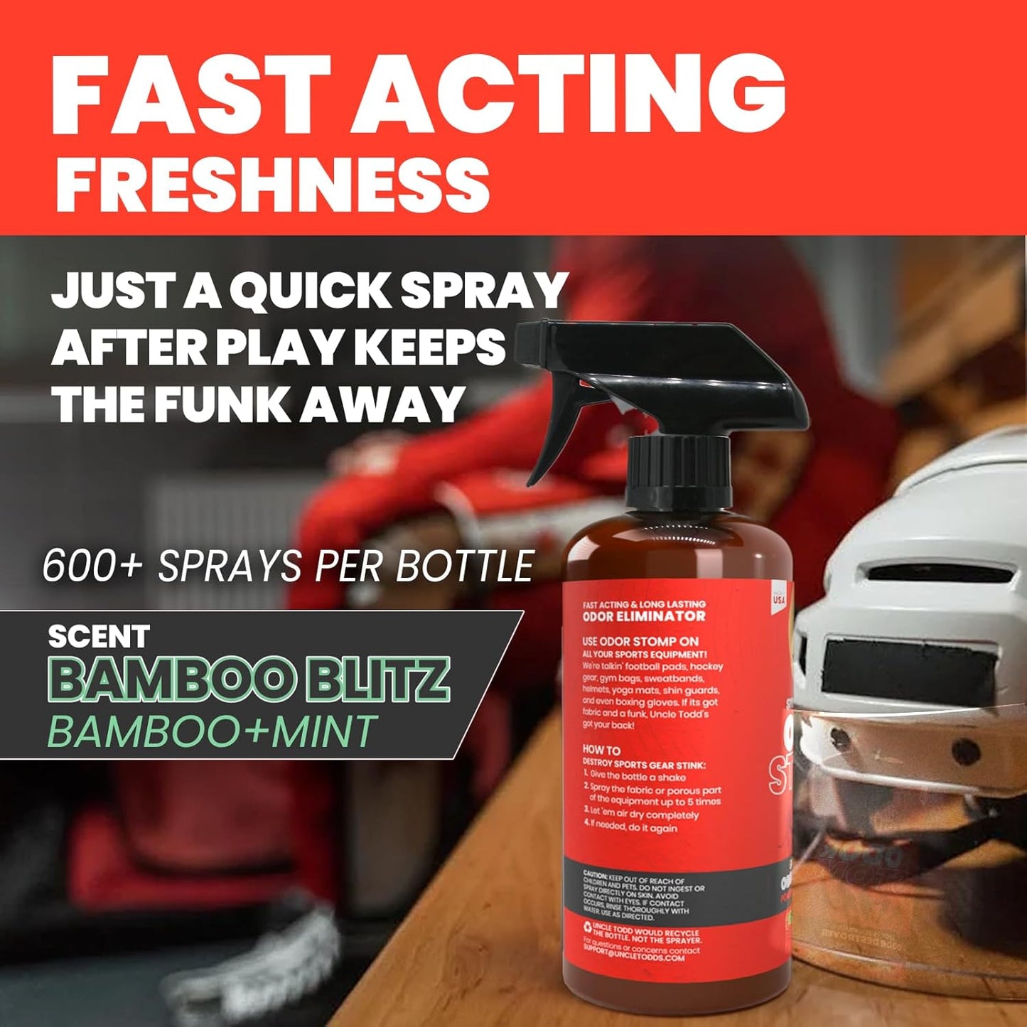 Bottle of odor eliminator spray with text highlighting 'Fast Acting Freshness' and 'Bamboo Blitz' scent, placed on a surface with sports equipment in the background.