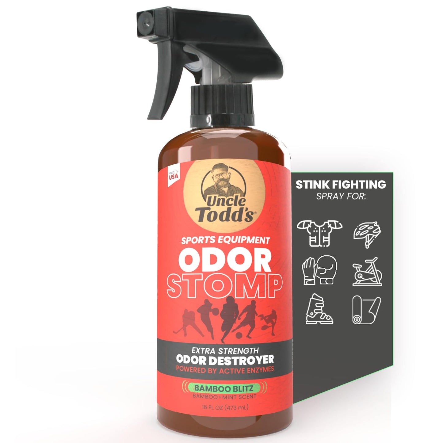 Uncle Todd's Odor Stomp spray bottle with red label on a white background