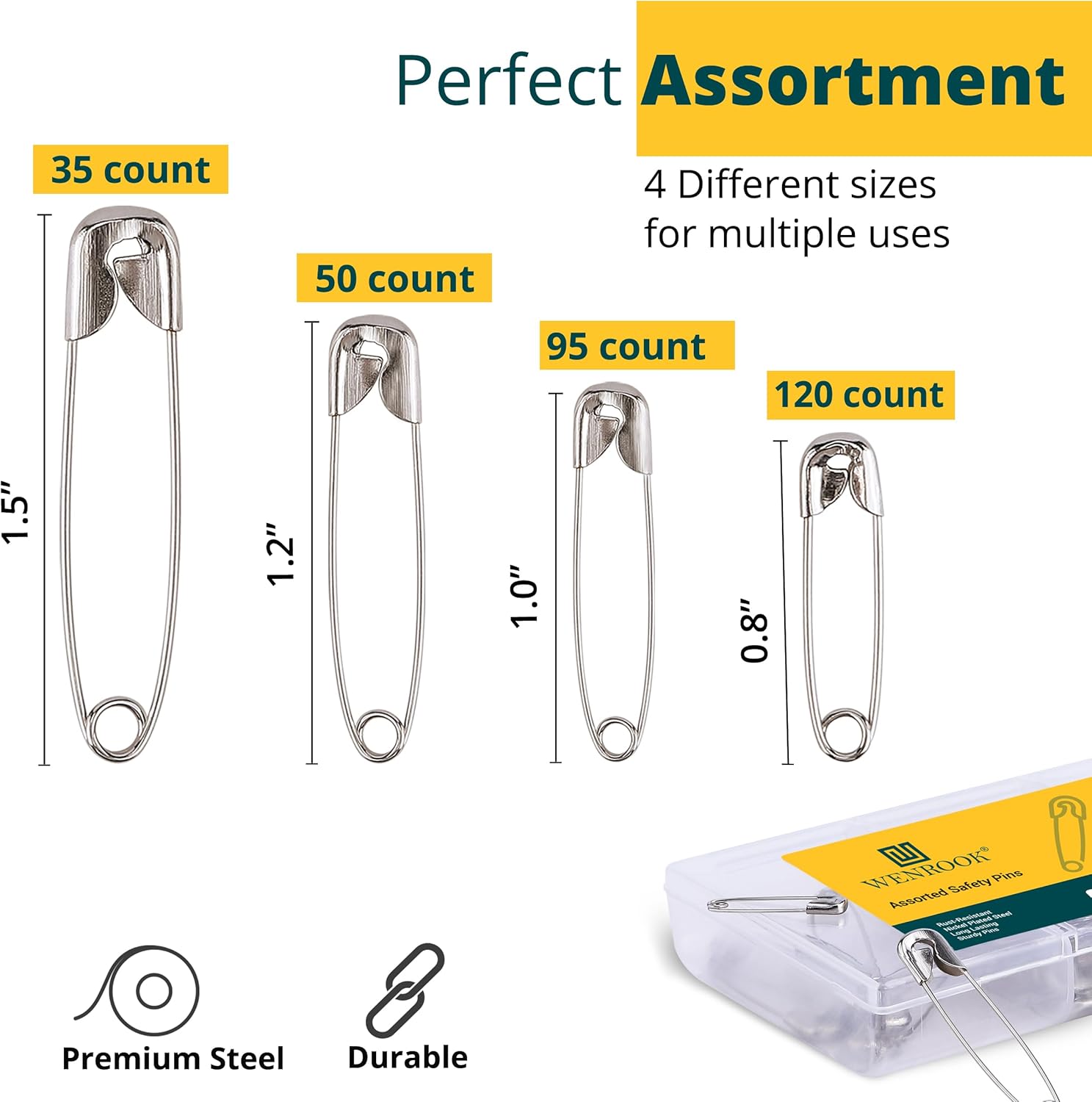 Assortment of safety pins with varying counts and sizes, displayed with Westlock branding.