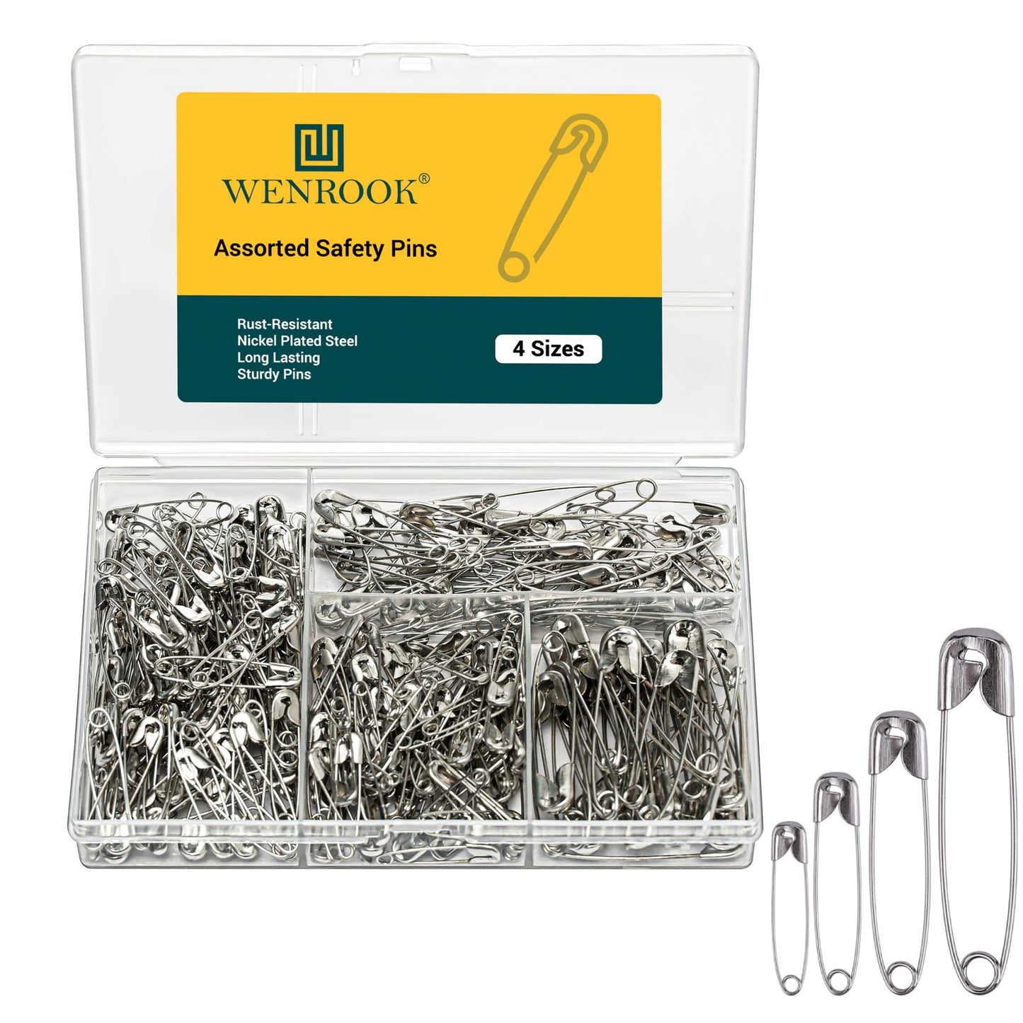 Assorted safety pins in a clear container with WENROOK packaging on a white background